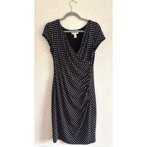 Joseph Ribkoff Black & White Polka Dot Faux Wrap Stretchy Midi Dress Cap Sleeve